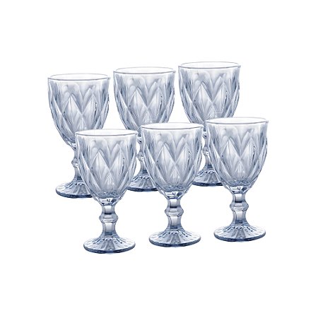Conjunto 6 Tacas Água Vidro Diamond Azul Metalizado 325ml