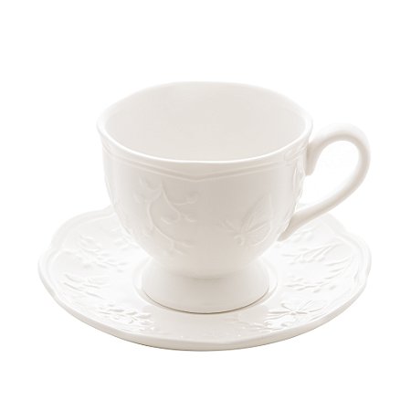 Xícara De Chá Pires Porcelana New Bone Butterfly Flower Branco 200ml