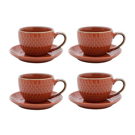 Conjunto 4 Xícaras Porcelana Café Com Pires Laranja 90Ml - RB Home Decoração