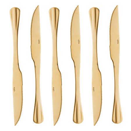 Conjunto 6 Facas De Churrasco De Aço Inox Positano Dourado 23Cm