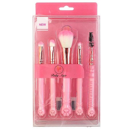 Kit com 05 Pincéis para Maquiagem Patinha de Gato Rosa Ruby Anjo