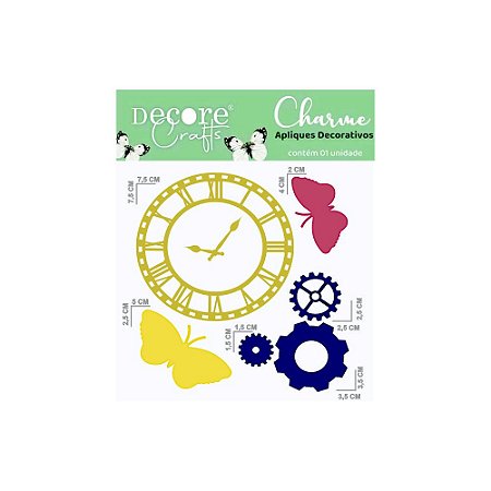 Charme de Aplique | Relógio - Acrílico Azul, Amarelo, Rosa Queimado e Dourado Espelhado