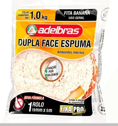 Fita Dupla Face de espuma Fixa Pro Adelbras 19mm X 5m