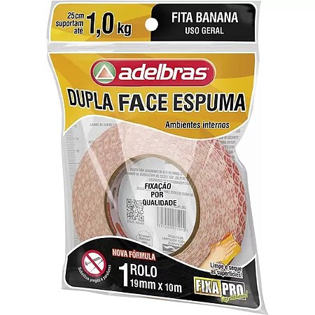 Fita Dupla Face de Espuma Fixa Pro Adelbras 19mm X 10m