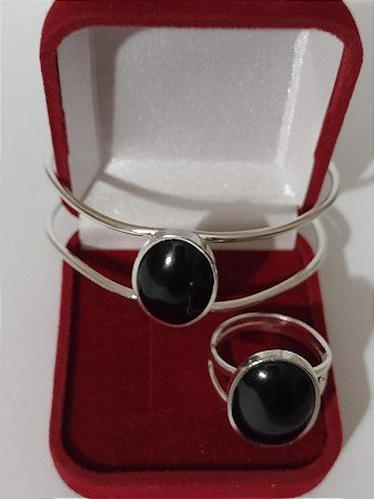 Conjunto de Prata 950k - Obsidina Negra Pulseira e anel