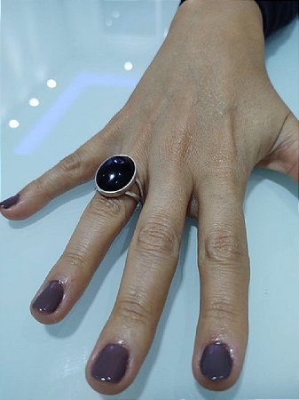 Anel Feminino de Prata 950k Pedra Natural Obsidiana Negra
