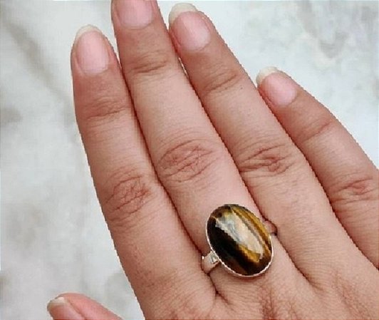 Anel Feminino de Prata 950k Pedra Natural Olho de Tigre Aro Tradicional