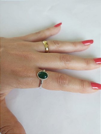 Anel Feminino de Prata 950k Pedra Natural Jade Verde