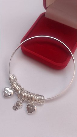 Bracelete Pulseira de Prata - Com PIngentes de Coração Jesus e Paz