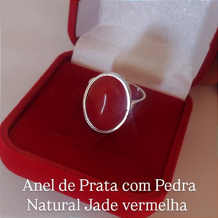 Anel Feminino de Prata 950k Pedra Natural Jade Vermelha