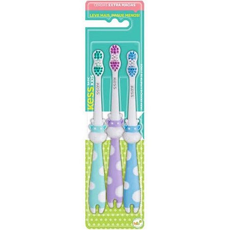 Kit com 3 Escovas Dentais Infantis Kess, Multicor