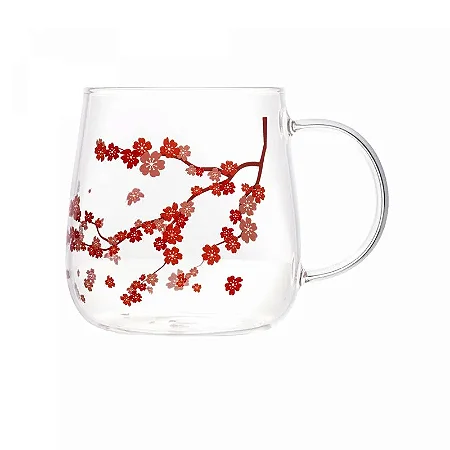 Caneca de Vidro com Tampa e Colher Sakura