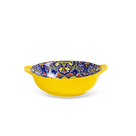 Bowl em Cerâmica Amarelo com Desenho Floral Interno