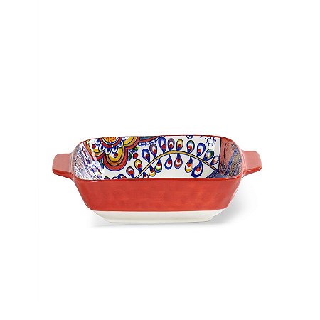 Travessa Retangular em Cerâmica e Alca Vermelho com Desenho Floral Interno