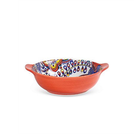 Bowl em Cerâmica Vermelho com Desenho Floral Interno