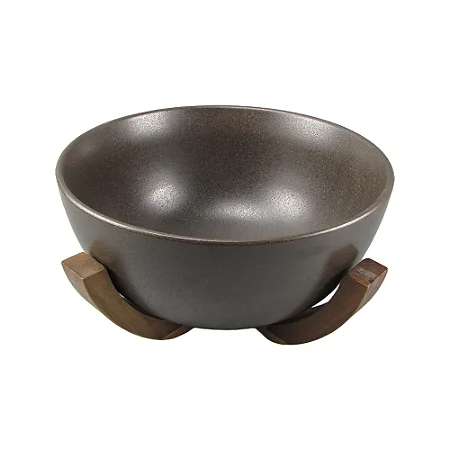 Bowl em Cerâmica Marrom e Base em Madeira