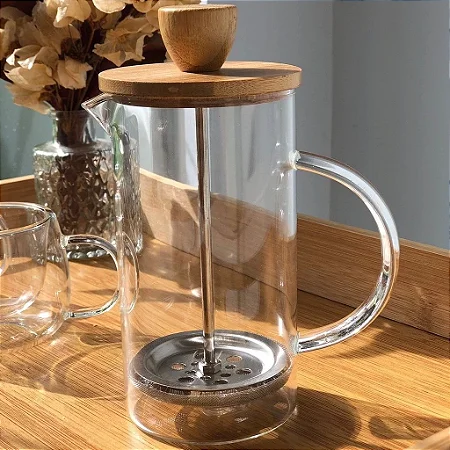 Cafeteira Prensa Francesa de Vidro Borossilicato c/ Tampa de Bambu 600 ml