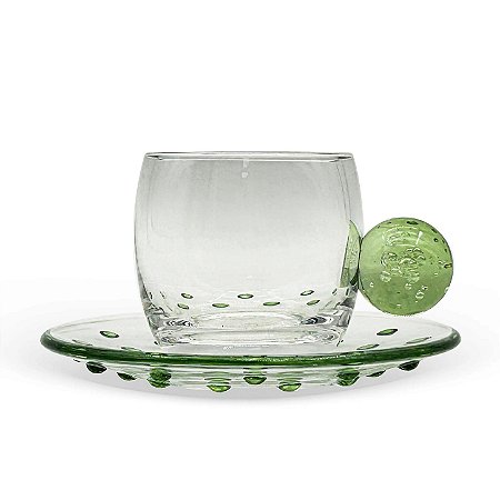 Conjunto de Xícaras e Pires em Vidro Detalhe Esfera Verde 6Pcs 120ml