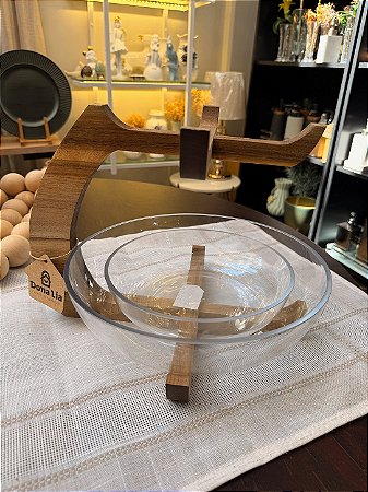 Saladeira Wooden em Vidro 2 Andares Com Base de Acácia