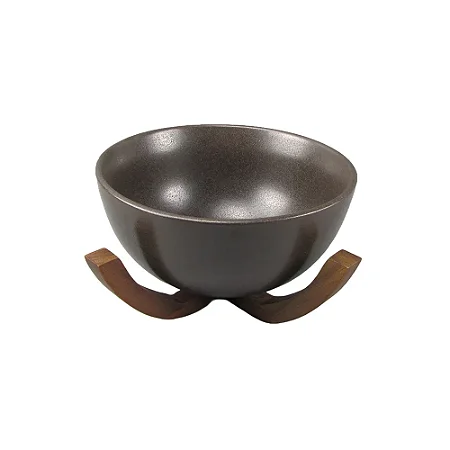 Bowl em Cerãmica Preto Base em Madeira