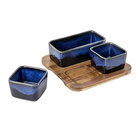 Porta Aperitivos de Cerâmica Azul e Base de Madeira - 3 Pcs