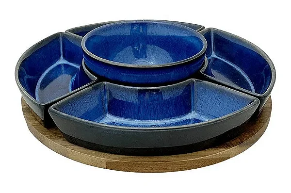 Cj de Petisqueiras Redonda Base Madeira Cerâmica Azul Degrade 6pcs