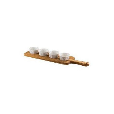 Tábua em Madeira Teca com 4 Petisqueiras Porcelana