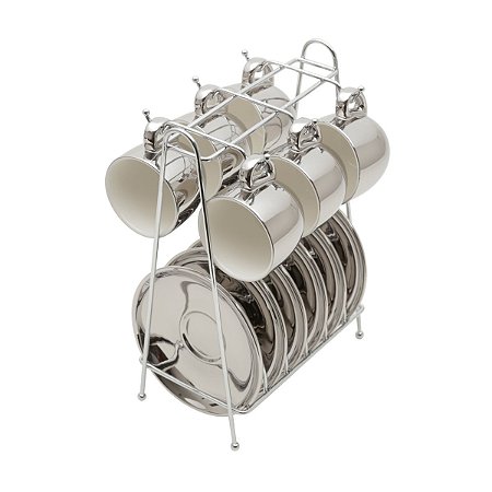 Cj 6 Xícaras Porcelana para Café Prata e Branco com Suporte