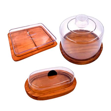 KIT 3pçs Manteigueira, Queijeira, Porta Frios (26,5X20CM) GRANDE de Madeira RUSTICA e Tampas de Acrílico, Café, Cozinha