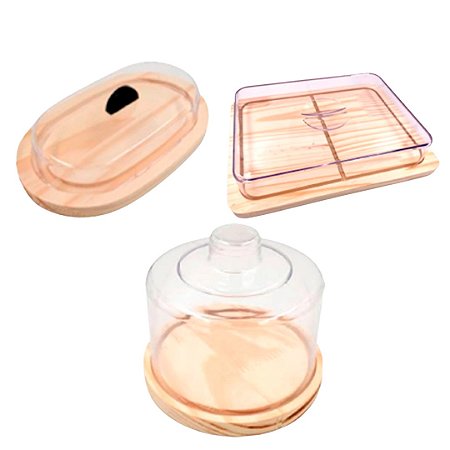 KIT 3pçs Manteigueira, Queijeira, Porta Frios (26,5X20CM) GRANDE de Madeira NATURAL e Tampas de Acrílico, Cozinha