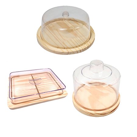 KIT 3pçs Porta Frios (26,5X20CM), Queijeira e Boleira de Madeira NATURAL café da manha, Cozinha, Mesa posta