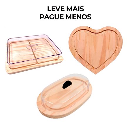 KIT 3pçs Porta Frios (21X16,5CM), Manteigueira e Tabua Coração de Madeira NATURAL café, Cozinha