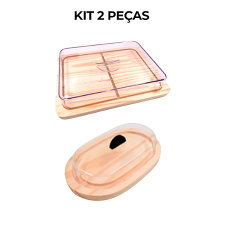 KIT 2pçs Porta Frios (21X16,5CM) e Manteigueira de Madeira NATURAL café da manha, Cozinha