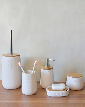 Kit Para Banheiro 5 Peças Nature Branco Cerâmica e Bambu