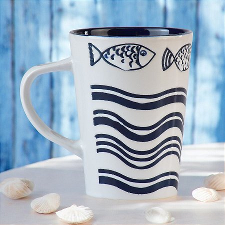 Caneca Náutica Mar Peixes com Suporte para Colher