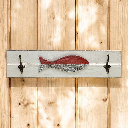 Cabideiro de Parede Grande Branco com Peixe Rústico Vermelho e Branco