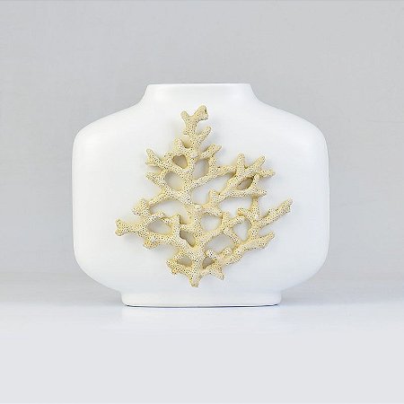 Vaso Branco com Coral em Cerâmica
