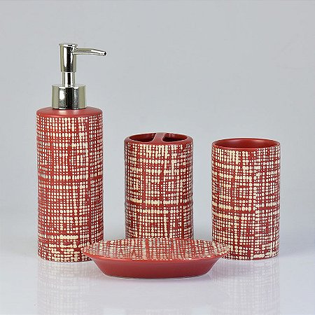 Kit Para Banheiro Pontilhado Vermelho em Cerâmica