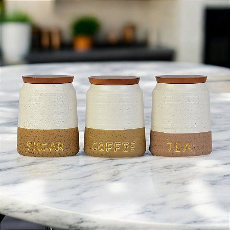 Jg c/3 Potes Sugar, Tea, Coffee Branco e Marrom em Cerâmica