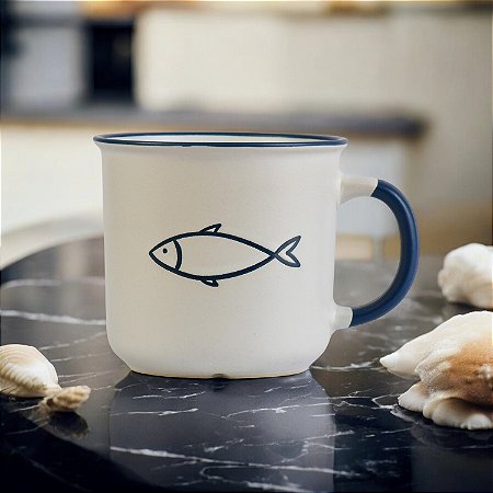 Caneca Ocean Branca Peixe em Cerâmica 400ml