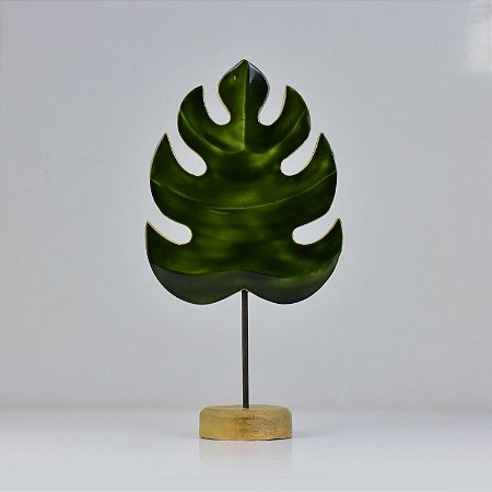 Enfeite Pedestal Folha Verde em Madeira 32x17,5x8 cm