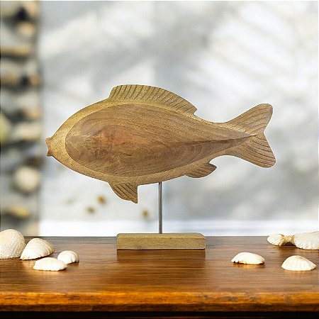 Enfeite Peixe no Pedestal em Madeira 25x30x5,5 cm