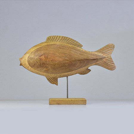 Enfeite Peixe no Pedestal em Madeira 25x30x5,5 cm