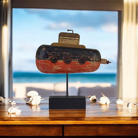 Enfeite Submarino Vermelho 26cm em Madeira