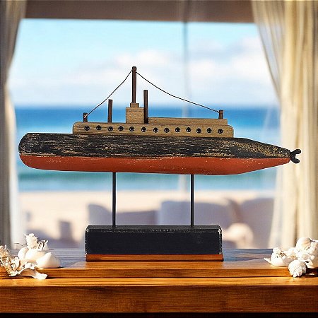 Enfeite Submarino Vermelho 40cm em Madeira