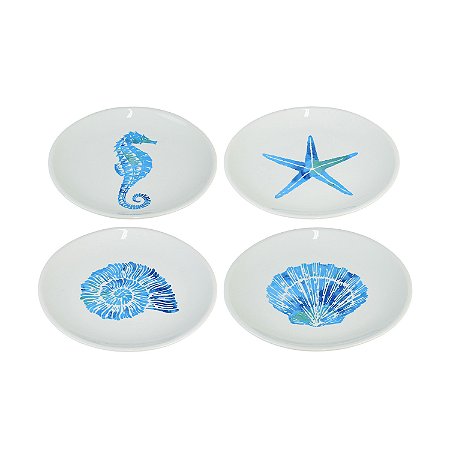 Jogo com Quatro Pratos de Sobremesa Fundo do Mar em Porcelana