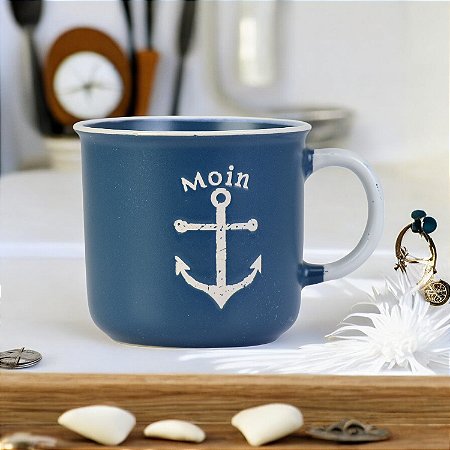 Caneca Ocean Azul Com Âncora em Cerâmica 400 ml