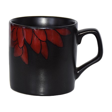 Caneca Preta Flor Vermelha em Cerâmica 150 ml