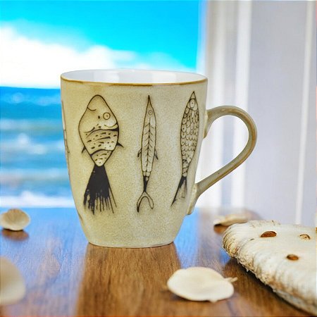Caneca Bege Peixes em Cerâmica 350 ml