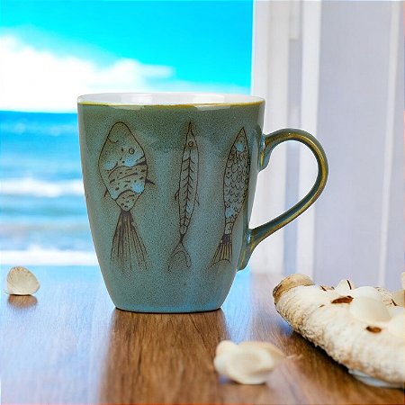 Caneca Azul Peixes em Cerâmica 350 ml
